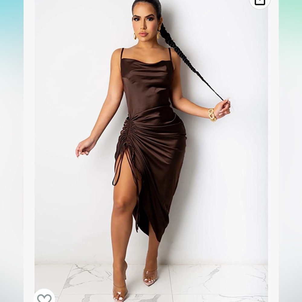 Brown Ruched Silky Slip Dress